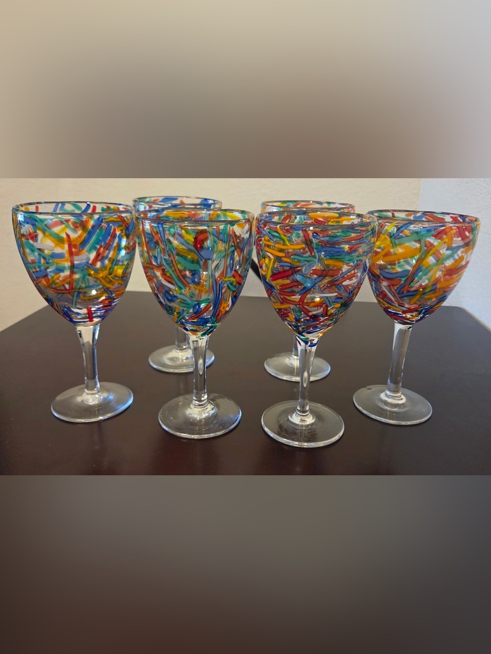 Vintage Pier 1 Imports Multicolor "Confetti" Hand-Blown Goblets – Set of 6